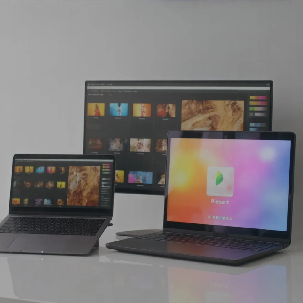 PicsArt Mod APK - Best Editing App 9 PicsArt Mod APK photo editor running on multiple laptops and desktop monitor with editing tools and image previews