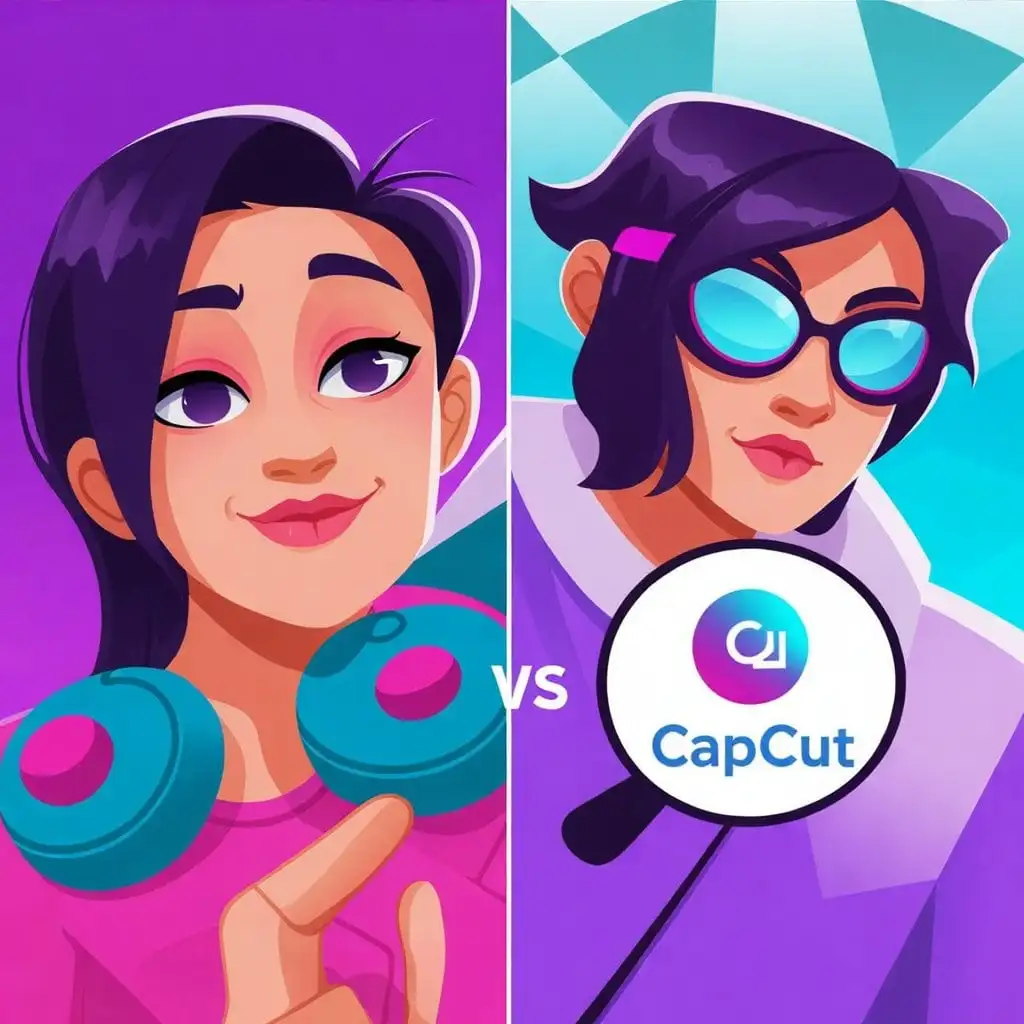 PicsArt vs CapCut : Which Editing App Is Best 3 Illustration of two animated characters representing PicsArt and CapCut, placed side-by-side with 'VS' text in between, highlighting a visual comparison of the two apps