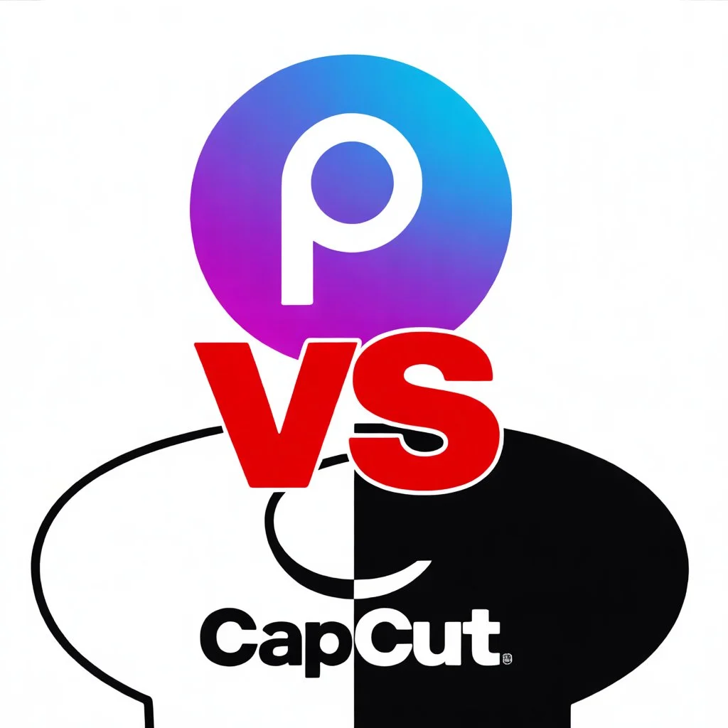 PicsArt vs CapCut : Which Editing App Is Best 5 Logo comparison image of PicsArt and CapCut, featuring a stylized figure divided into two halves with the text 'VS' in bold red letters at the cente