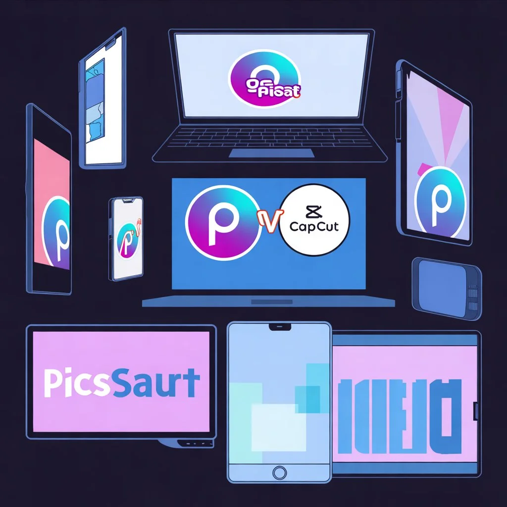 PicsArt vs CapCut : Which Editing App Is Best 4 PicsArt vs CapCut displayed across multiple devices including laptop, smartphone, and tablet