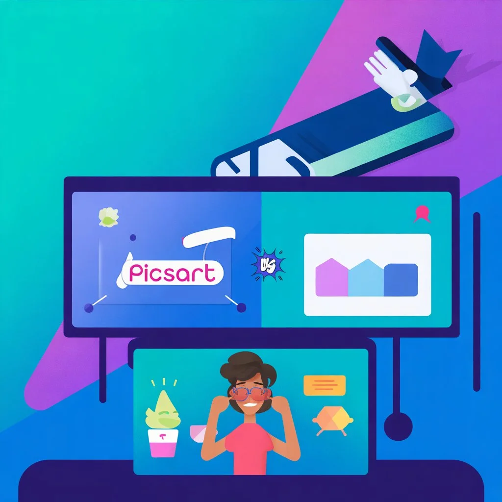 PicsArt vs Canva 6 Picsart Mod APK vs other photo editing apps comparison illustration with happy user interface