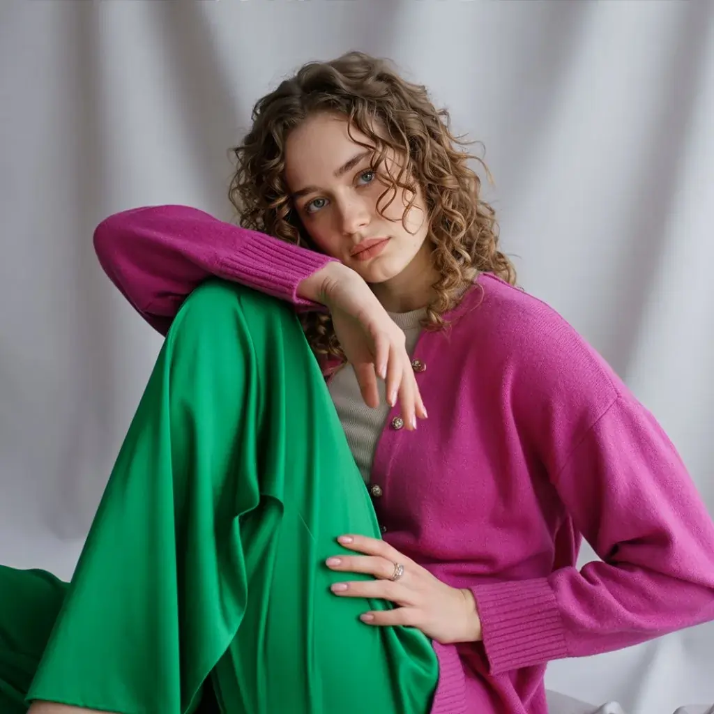 Changing Clothes Color in PicsArt 3 Woman in vibrant pink sweater and green pants edited using PicsArt Mod APK to showcase clothes color change feature Changing Clothes Color in PicsArt
