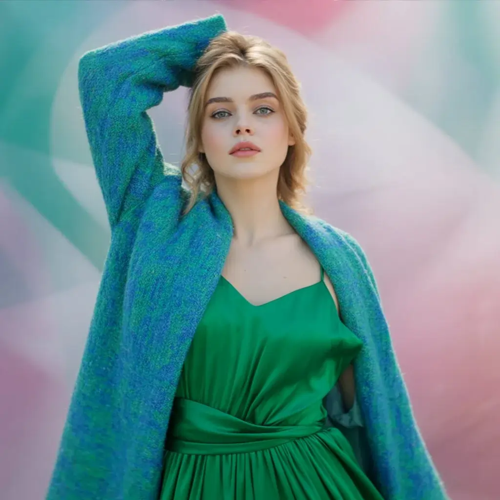 Changing Clothes Color in PicsArt 5 Model in green dress and blue coat edited in PicsArt Mod APK, showing how to change dress color easily using color replace tool