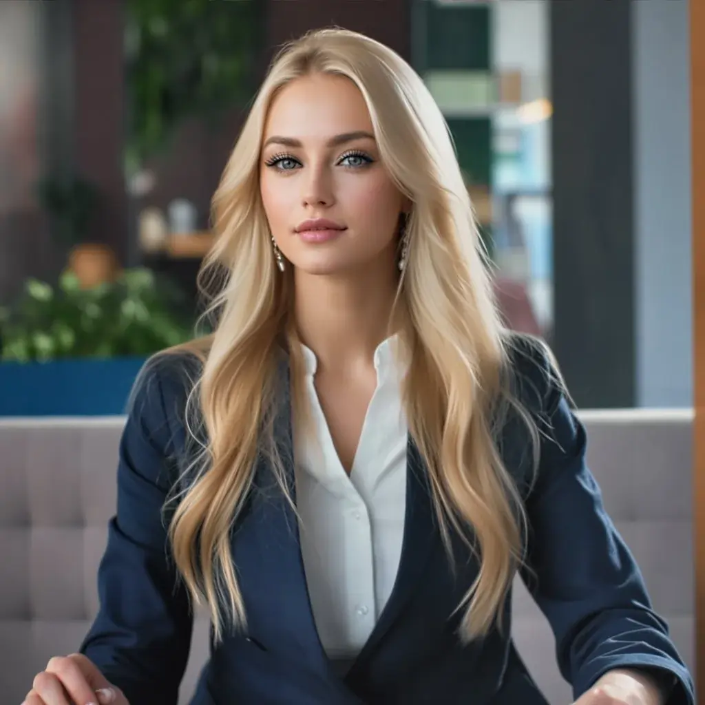 A woman in a business suit with blonde hair, showcasing a natural look with well-defined eyebrows