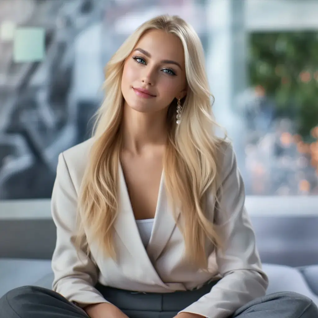 A smiling woman with blonde hair, elegantly styled in a white blazer, focusing on perfect eyebrow editing techniques