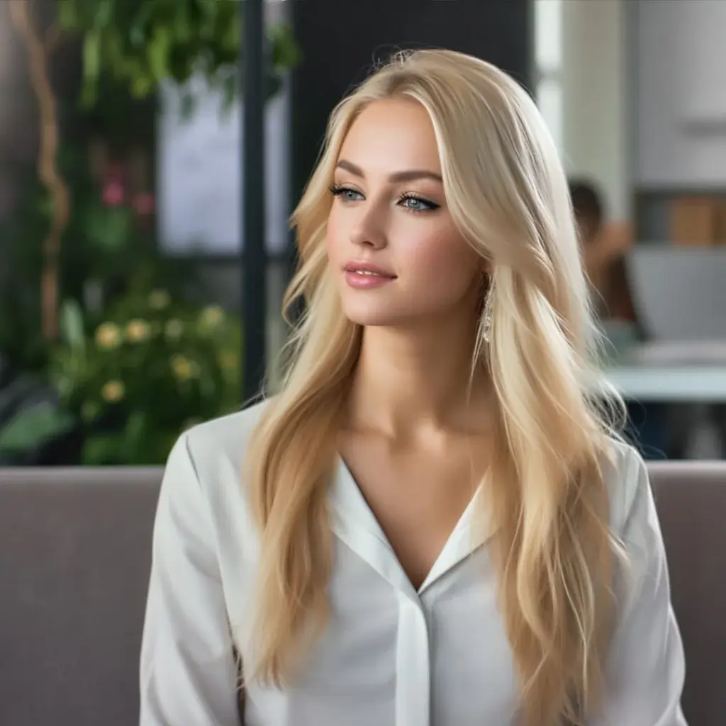 A professional woman in a white blouse, showing off a soft expression and well-groomed eyebrows, ideal for eyebrow editing inspiration