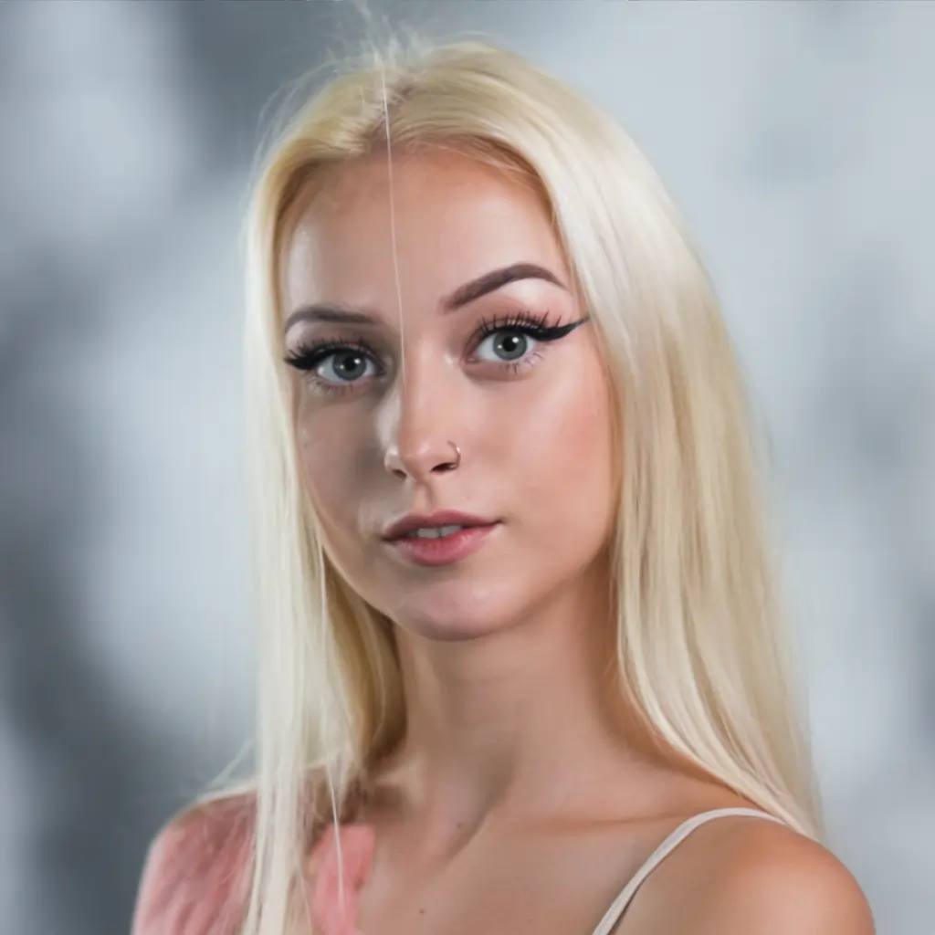 Closeup of blonde girl with bold edited eyebrows using PicsArt eyebrow editing tools for aesthetic enhancement