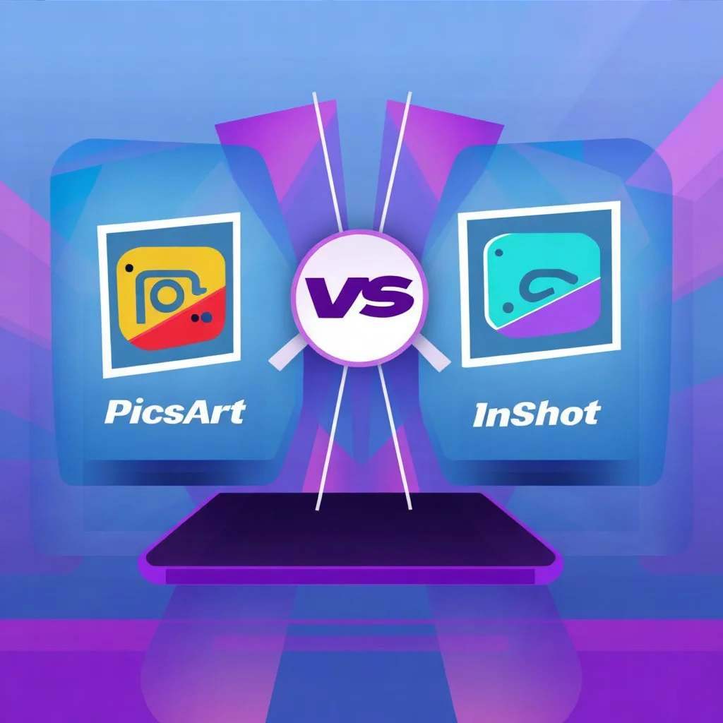 PicsArt vs InShot 8 Comparison graphic showing PicsArt versus InShot with logos and a VS icon in the center on a blue and purple background