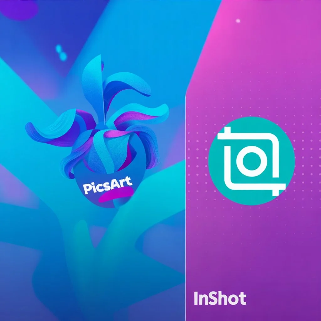 PicsArt vs InShot 7 Side-by-side visual of PicsArt and InShot logos with abstract colorful background representing creative editing comparison