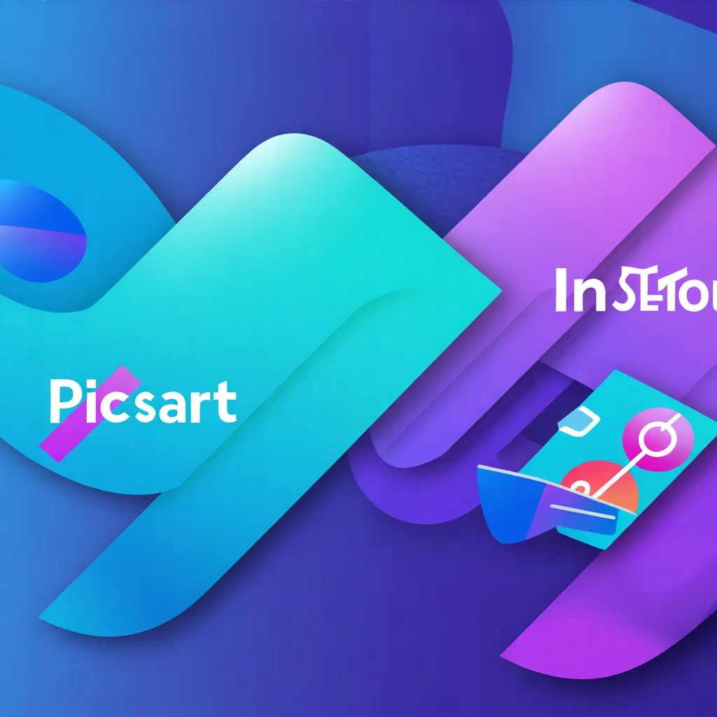 PicsArt vs InShot 5 Abstract comparison between PicsArt and InShot with colorful gradient shapes and text highlighting both apps