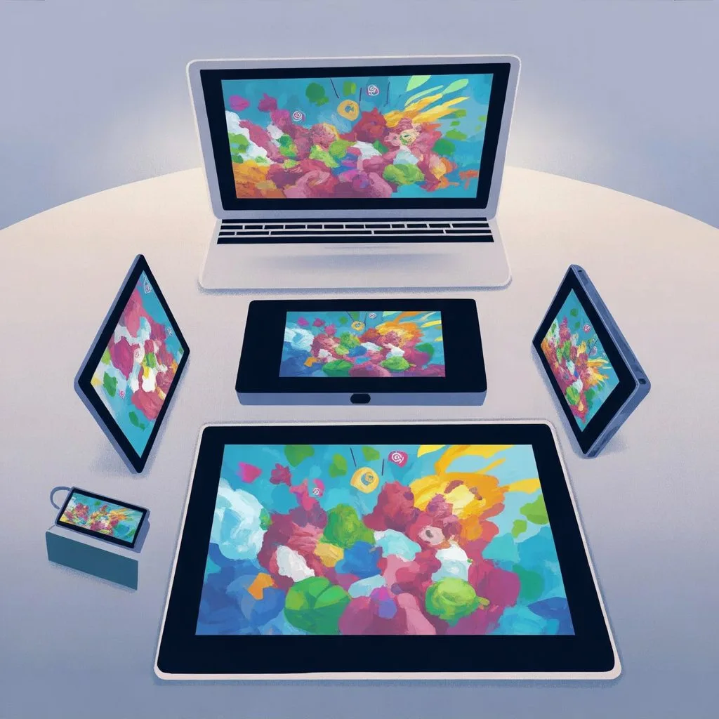 PicsArt vs Snapseed 4 Colorful artwork displayed on various devices — demonstrating image output quality of PicsArt Mod APK and Snapseed photo editors.