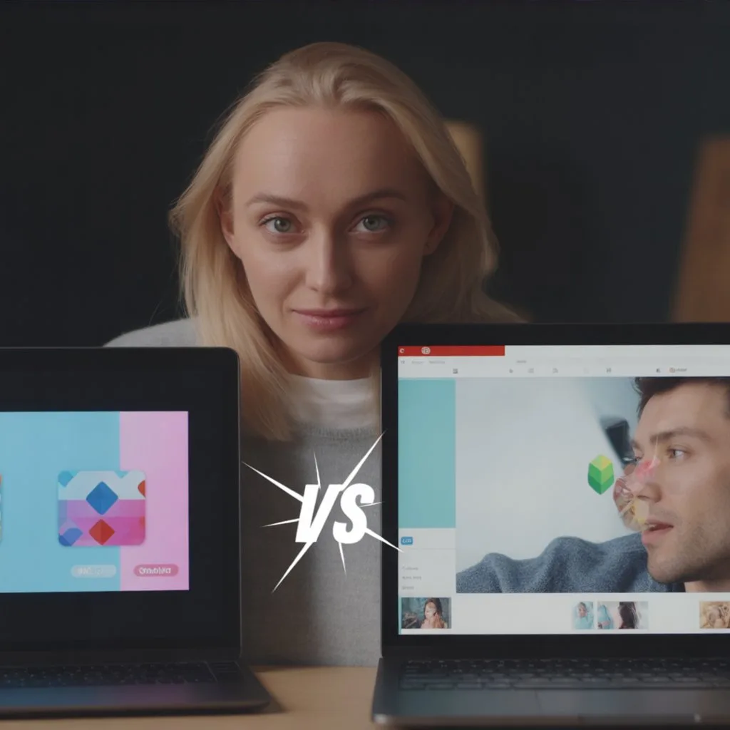 PicsArt vs Snapseed 2 Woman comparing PicsArt Mod APK and Snapseed photo editors on two laptops — visual UI and toolset differences.