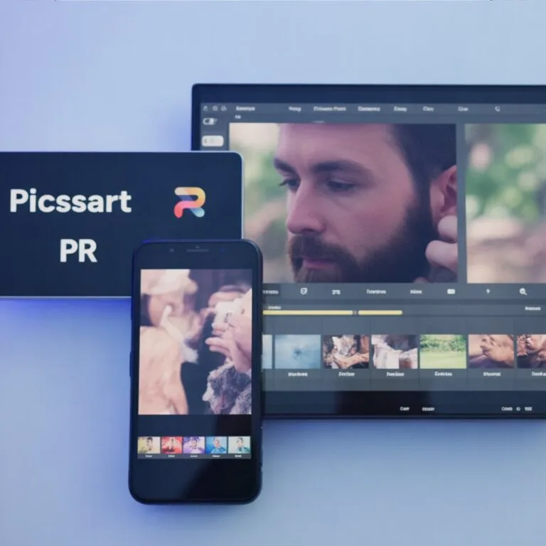 PicsArt vs Photoshop 8 Picsart and PhotoRoom comparison on mobile and desktop screens showing editing features and filters