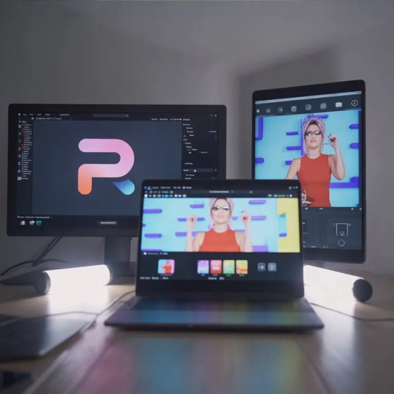 PicsArt vs Photoshop 3 Photo editing interface of Picsart and PhotoRoom on desktop monitors and laptop showing advanced tools and UI comparison