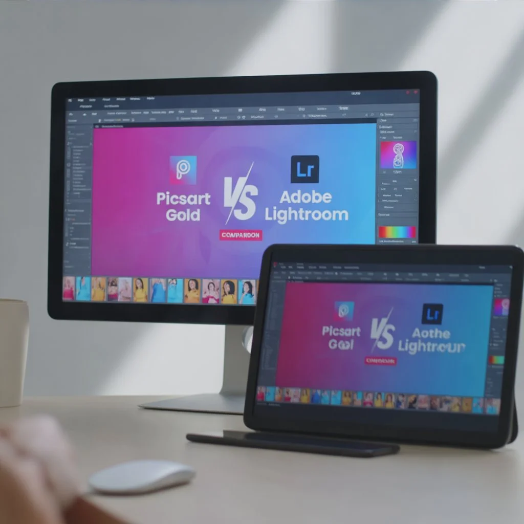 PicsArt vs Lightroom 8 Side-by-side screen comparison of Picsart Gold and Adobe Lightroom editing interfaces on desktop and tablet, showcasing layout and user interface differences