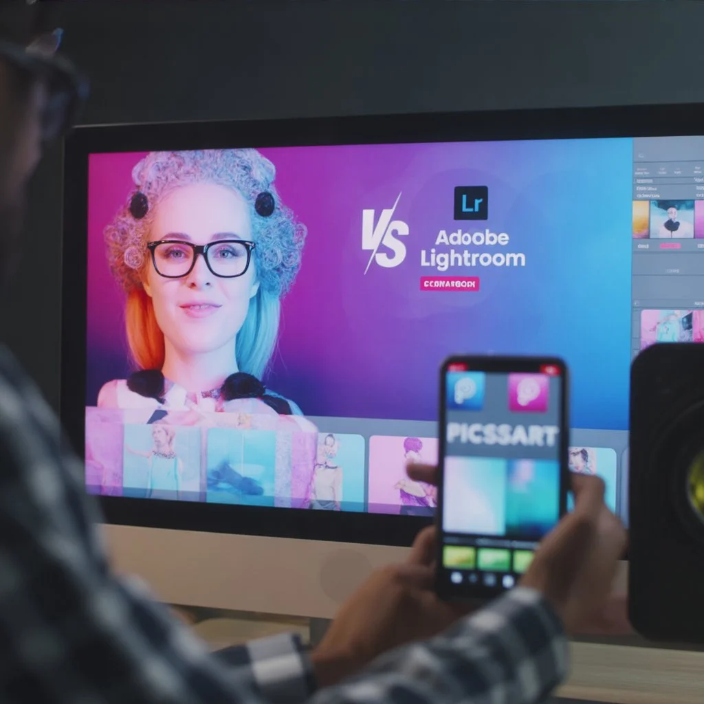 PicsArt vs Lightroom 6 User holding smartphone with Picsart app open, viewing a desktop screen comparison of Adobe Lightroom vs Picsart Gold featuring a portrait photo editing interface