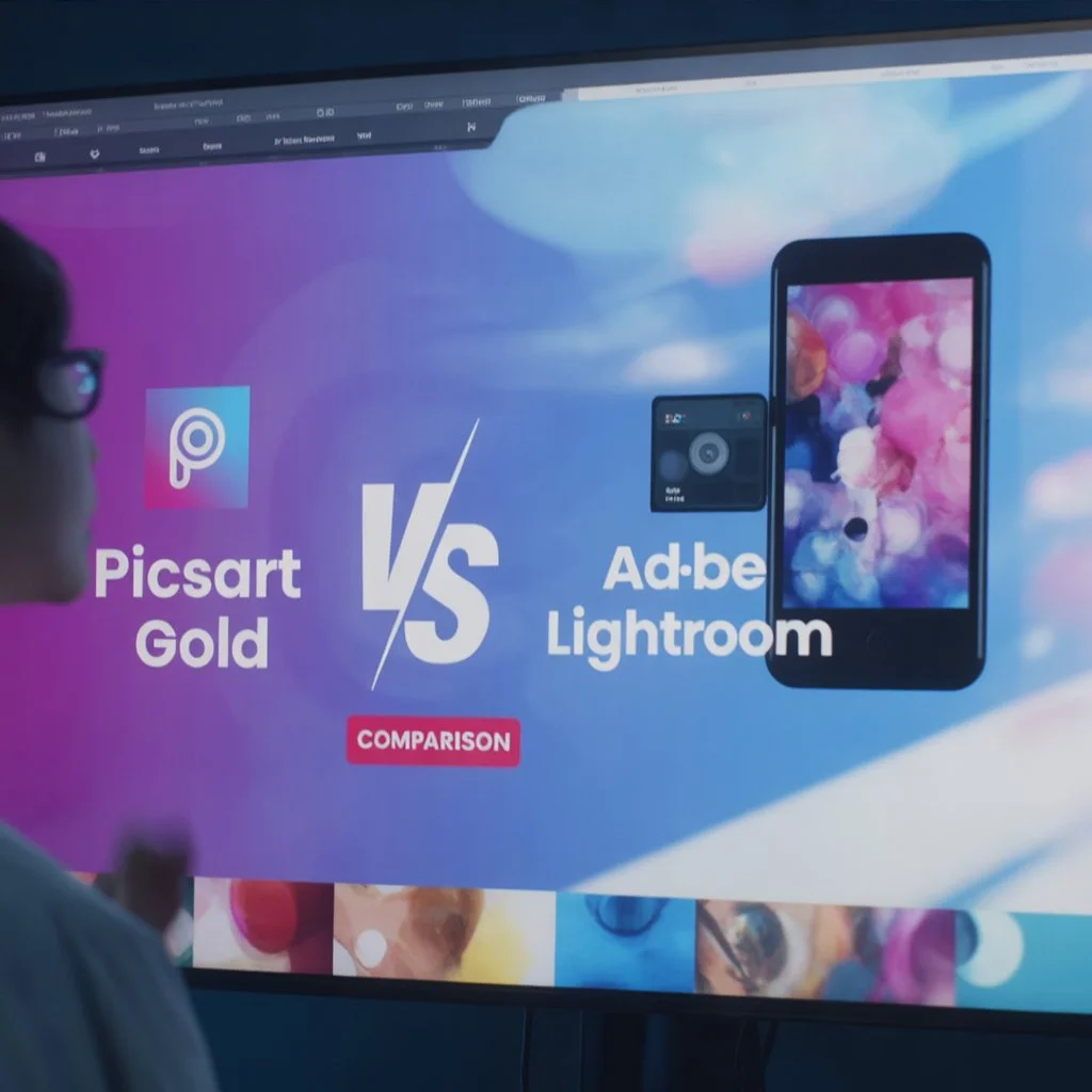 PicsArt vs Lightroom 5 Visual comparison of Picsart Gold vs Adobe Lightroom on a large screen, with mobile and camera icons representing photo editing platforms