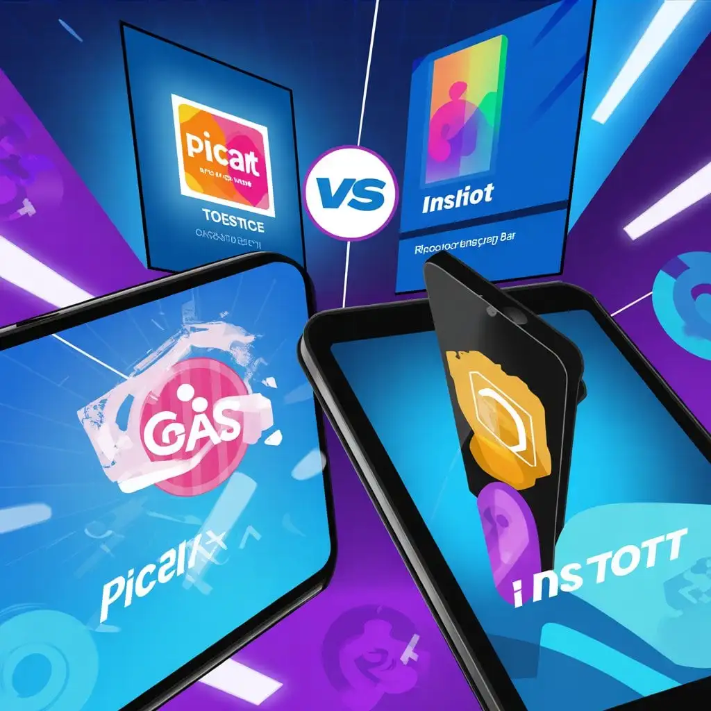 PicsArt vs Lightroom 7 Creative graphic showing a visual comparison between Picsart, InShot, and other editing apps on mobile screens, featuring a futuristic UI design