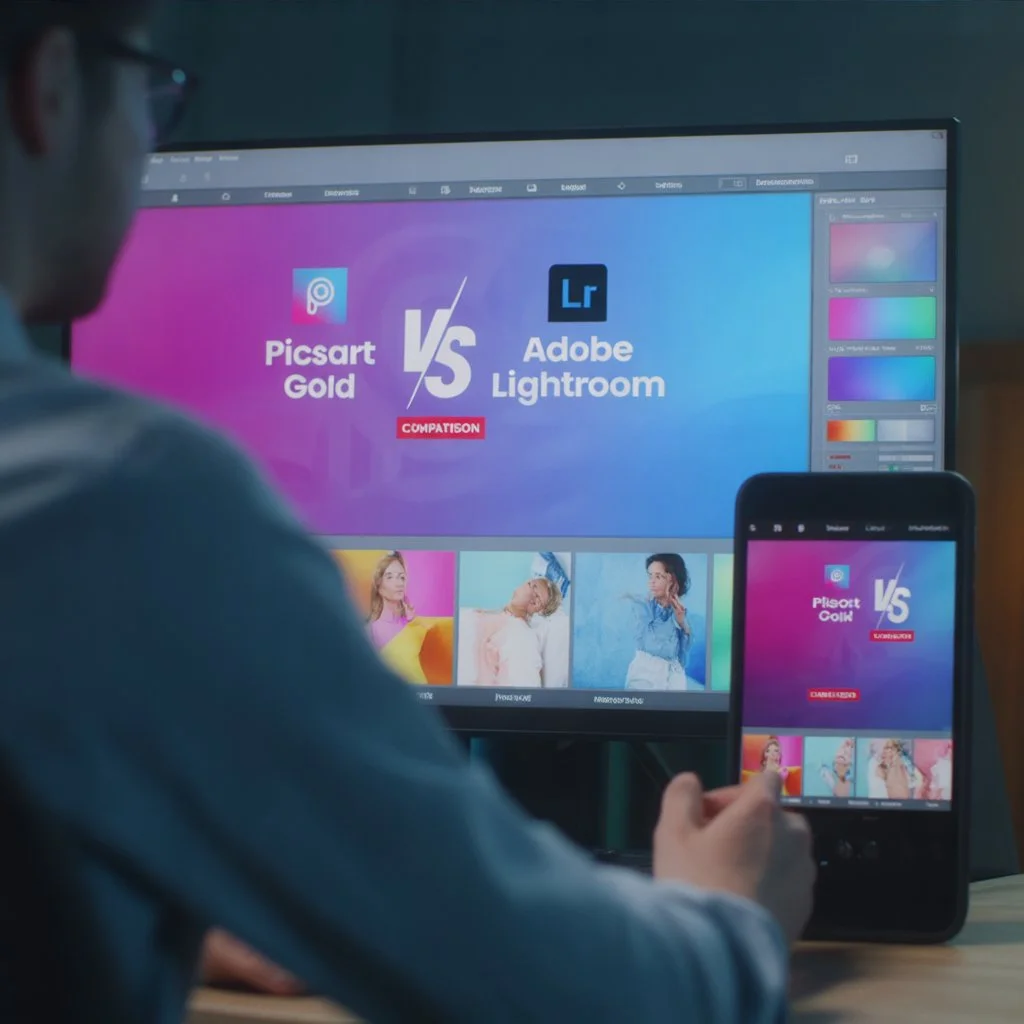 PicsArt vs Lightroom 9 User viewing Picsart Gold and Adobe Lightroom comparison on desktop and mobile screens, highlighting editing tools and layout differences