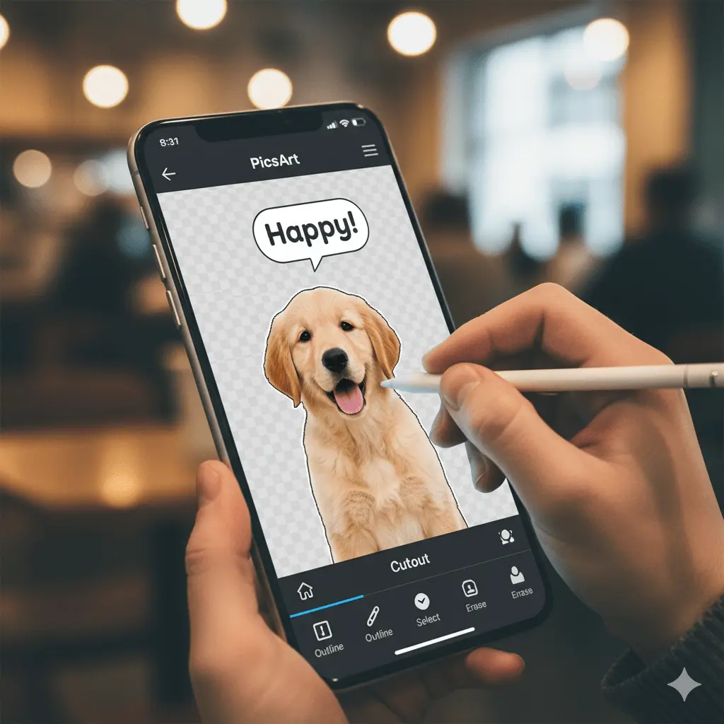 How to Make Stickers on PicsArt 1 Hands on mobile using PicsArt to Make Stickers on PicsArt, precisely cutting out a golden retriever puppy