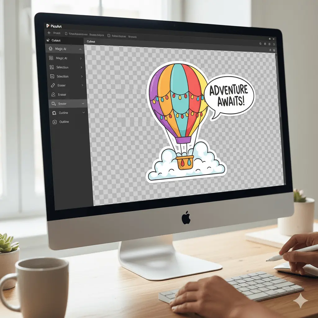 How to Make Stickers on PicsArt 2 Desktop computer user learning to Make Stickers on PicsArt, diligently creating a colorful hot air balloon