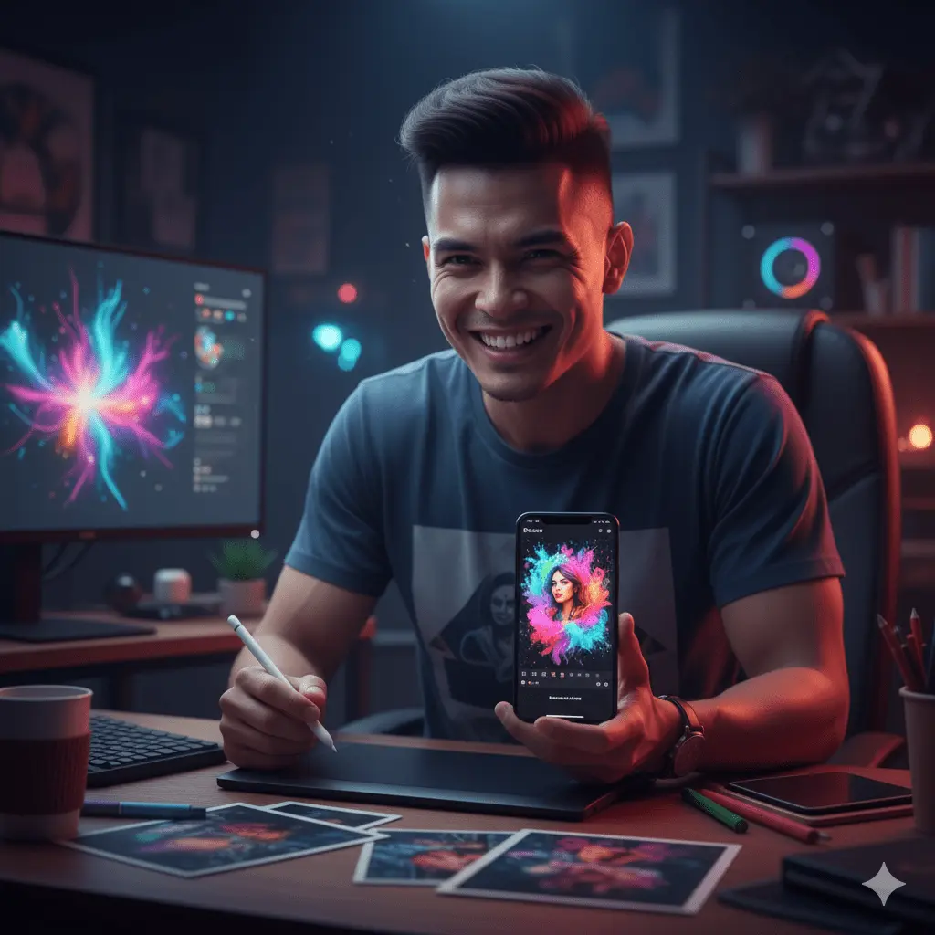 Why PicsArt Not Working 4 Joyful man displays fixed PicsArt on his phone, successfully editing after PicsArt Not Working