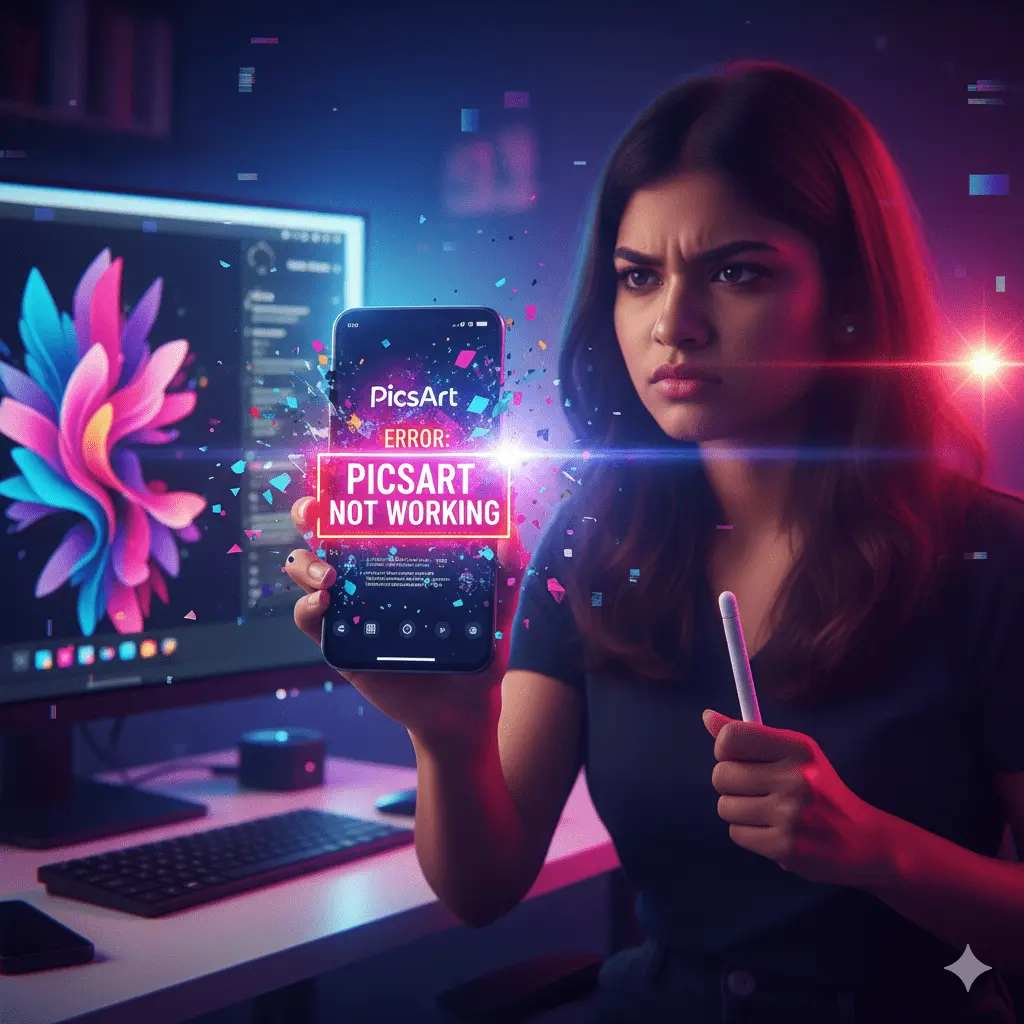 Why PicsArt Not Working 1 Woman stressed as "PicsArt Not Working" error shatters on her phone, amidst digital art.