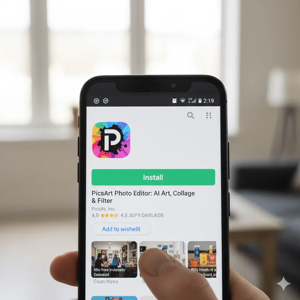 PicsArt install 4 Android phone showing PicsArt app in Google Play Store, user ready to tap 'Install' for PicsArt install