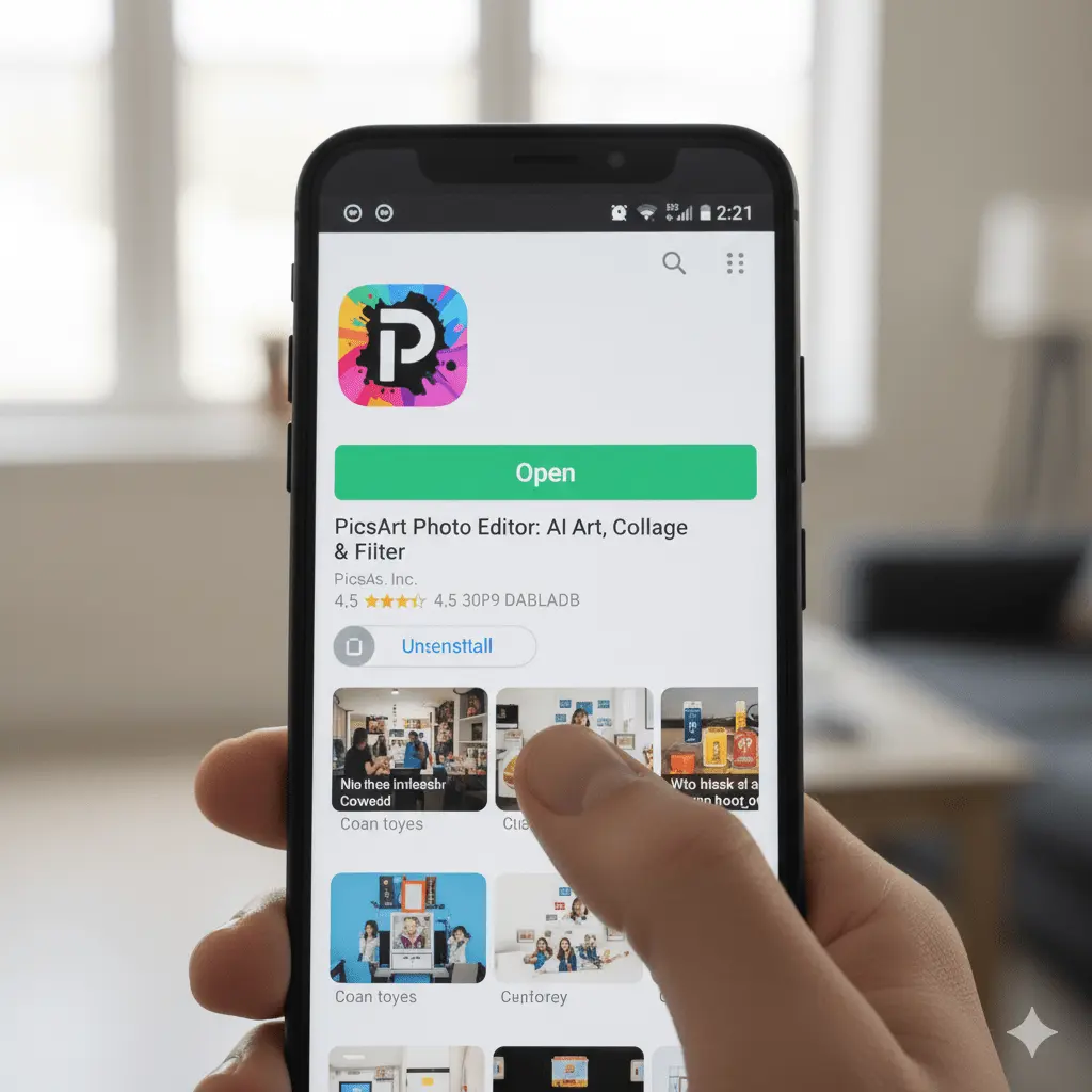 PicsArt install 2 Android phone showing PicsArt in Google Play Store, 'Open' button active after successful PicsArt install