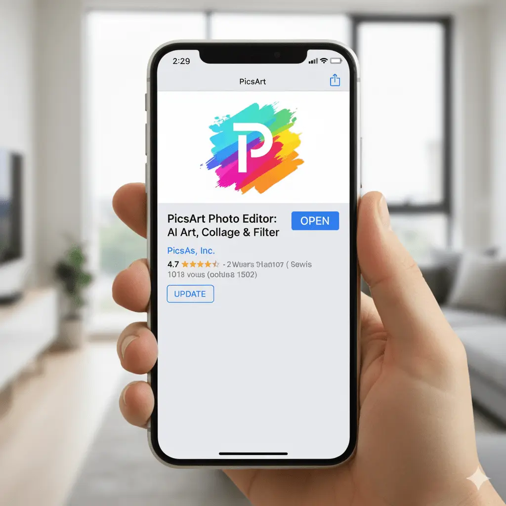PicsArt install 1 iPhone displaying PicsArt in Apple App Store, 'GET' button visible to start the PicsArt install process.