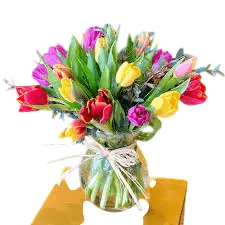How to Remove Watermark from PicsArt Easily in 2025 1 right bouquet of colorful tulips in a glass vase tied with twine, placed on a golden table.