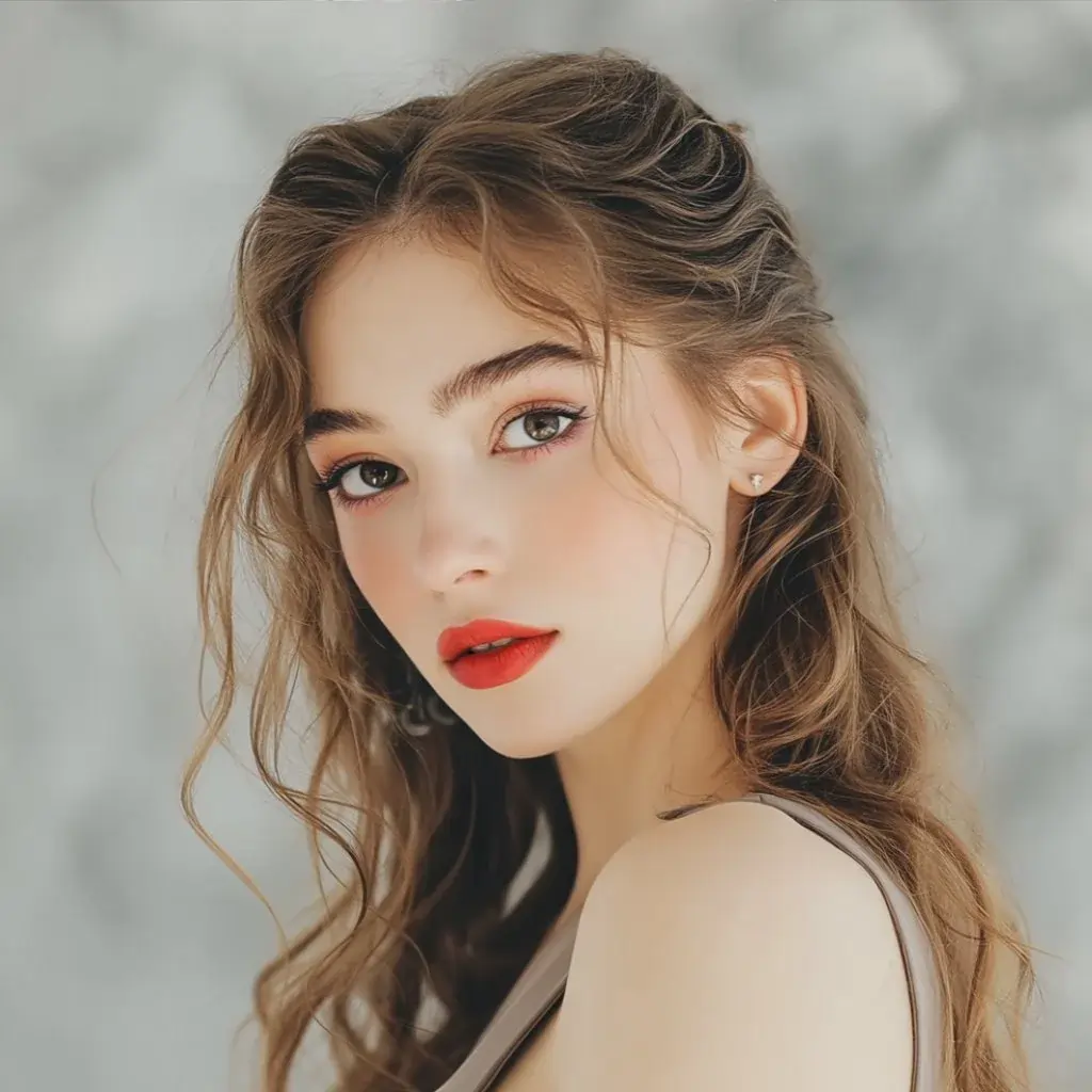 PicsArt Face Swap Guide 1 Elegant model with soft makeup and curls, shown in The PicsArt Face Swap Guide for beauty face swap editing tutorials.